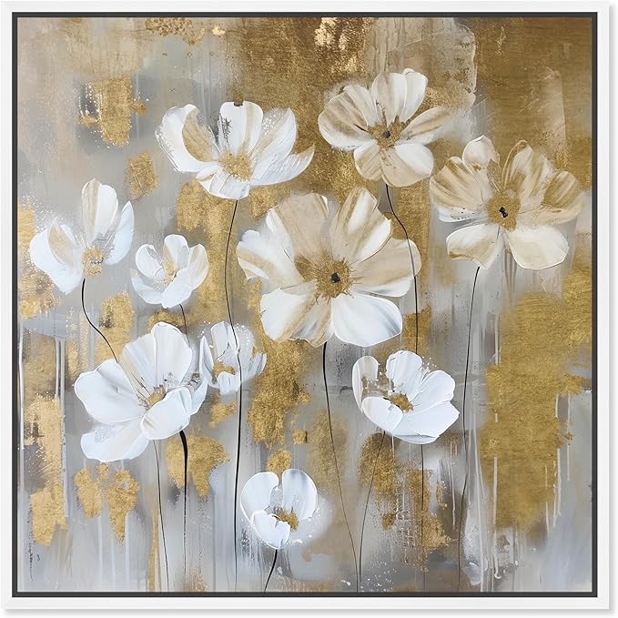 Art Remedy Golden Daisies Canvas Elegant White Gold Wall Art, White Frame, 40" x 40"