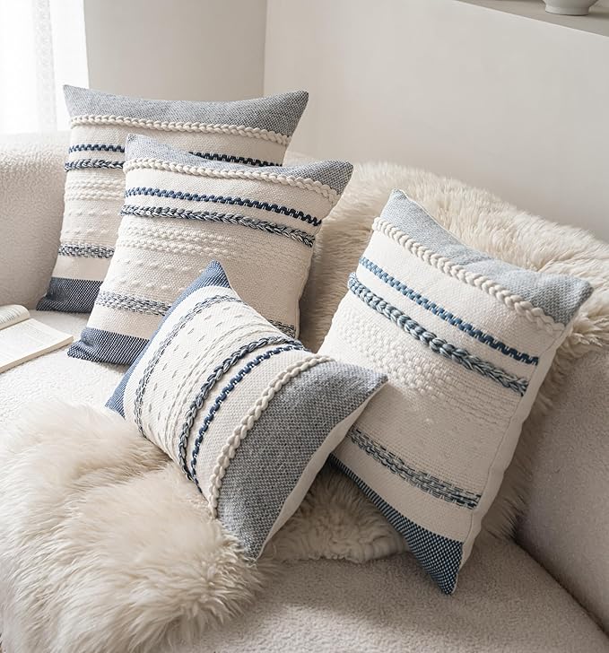 Boho Throw Pillow Covers 20x20 Inch Set of 2, Navy Blue Textured Decorative Couch Pillow Cases for Farmhouse Home Decor, Accent Cushion Cover for Sofa, Bed, Living Room, Bedroom