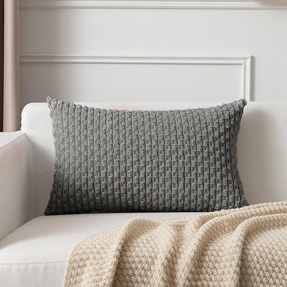 Kevin Textile 12x20 Inch Pillow Cover 1 Pack Boho Decorative Soft Striped Corduroy Lumbar Farmhouse Accent Rectangle Cushion Case for Living Room Couch Sofa Bed, Dark Grey