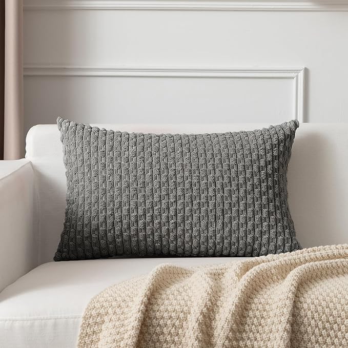 Kevin Textile 14x24 Inch Pillow Cover 1 Pack Boho Decorative Soft Striped Corduroy Lumbar Farmhouse Accent Rectangle Cushion Case for Living Room Couch Sofa Bed, Dark Grey