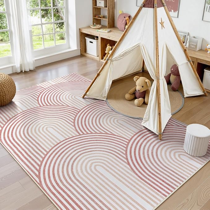 Moynesa Abstract Rainbow 5x7 Area Rugs for Living Room, Washable Soft Pink Rugs for Bedroom Girl Nursery Classroom Easy Clean, Mid Century Modern Accent Carpet for Home Office Decor
