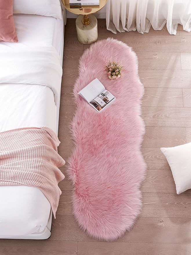 SERISSA Ultra Soft Fluffy Pink Faux Sheepskin Fur Shaggy Couch Cover Furry Carpet for Kids Room Fuzzy Plush Rug for Bedroom Living Room Runner, 2x6 Feet (Sheepskin Shape,Pink)