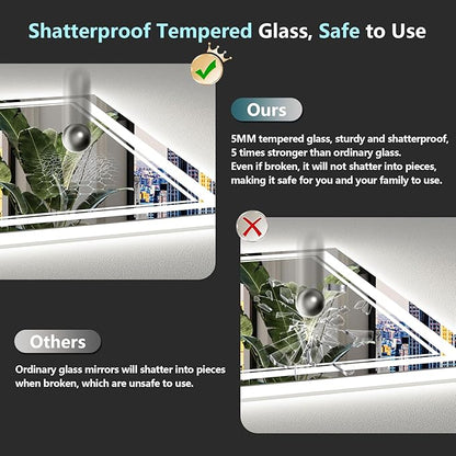 60x40 LED Bathroom Mirror with Lights, Backlit and Front Lit, Anti-Fog Lighted Vanity Mirrors for Bathroom Wall, Dimmable, 3-Color Light, Memory, Shatter-Proof, HD Tempered Glass, CRI＞90