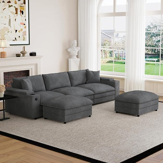 115" U Shaped Cloud Sofa Couch with Ottoman, Storage Armrest, Cup Holders, USB & Type-C Ports, Spring Cushions, Solid Wood Frame, Chenille Modular Sectional for Living Room (Dark Gray-U-115.2")