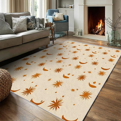 Boho Style Rug, 5x7 Area Rugs Sun Moon Star Terracotta Abstract Pattern for Living Room, Bedroom, Boho Style Home Decor Accessories Indoor Carpet, Non Slip & Machine Washable