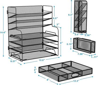 7 Tier Desk File Organizer Office storage Desk Accessories, Desktop Organizer for Office Supplies with Drawer and 2 Pen Holders (Black)