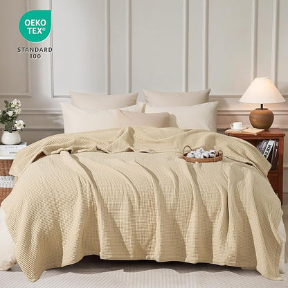 PHF 100% Cotton Waffle & Muslin Blanket Twin Size, Soft Breathable Luxury 400GSM Versatile Reversible Bedding for Bed, Great for Layering in Cold Weather, Home Decor Gift, 66" x 90", French Oak