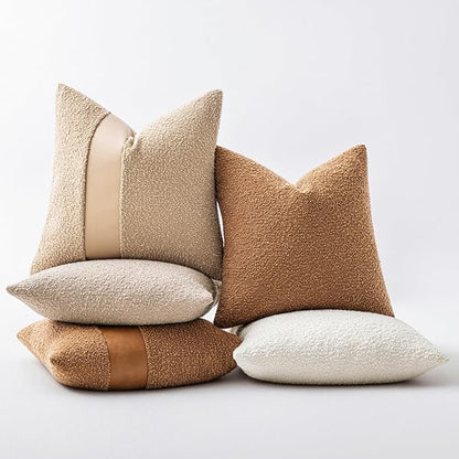 18"x18" Tobacco Boucle Throw Pillow Covers with Faux Leather Accents Set of 2 Fluffy Textured Decorative Pillow Cases for Couch Bed Boho Farmhouse Square Cushion Covers for Nordic Home Décor