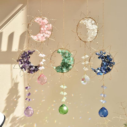 Hanging Sunlight Catcher, Sun & Moon Crystal Suncatcher, Crystal Hanging Ornament, Hanging Crystals for Decoration, Festival Gift, Window Decoration (Blue)