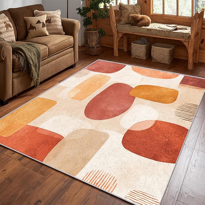 Boho Rug, 4x6 Area Rugs Retro Geometric Abstract Simple Pattern for Living Room, Bedroom, Boho Home Decor Accessories Indoor Carpet, Non Slip & Machine Washable