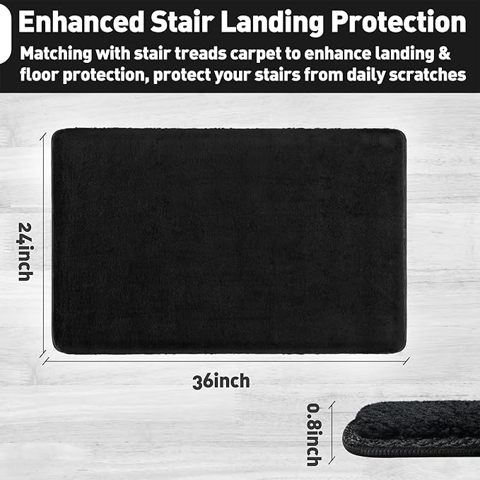 PURE ERA Carpet Stair Tread Landing Mat Area Rug Ultra Plush Shag Soft Non Slip Skid Resistant Tape Free Indoor Doormat Washable Reusable Black 2' X 3'