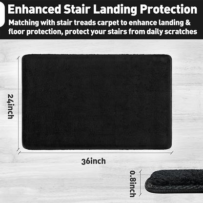 PURE ERA Carpet Stair Tread Landing Mat Area Rug Ultra Plush Shag Soft Non Slip Skid Resistant Tape Free Indoor Doormat Washable Reusable Black 2' X 3'