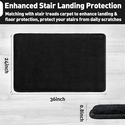 PURE ERA Carpet Stair Tread Landing Mat Area Rug Ultra Plush Shag Soft Non Slip Skid Resistant Tape Free Indoor Doormat Washable Reusable Black 2' X 3'