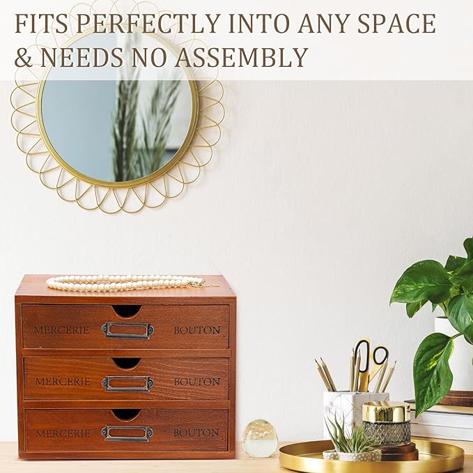 Wesiti 3 Drawer Apothecary Cabinet - Vintage Wooden Desk Organizer - Library Card Catalog Wood Storage Box - Office Desktop Dresser for Stationery, Thread Embroidery, Sewing, Crafts, Junk & Supplies