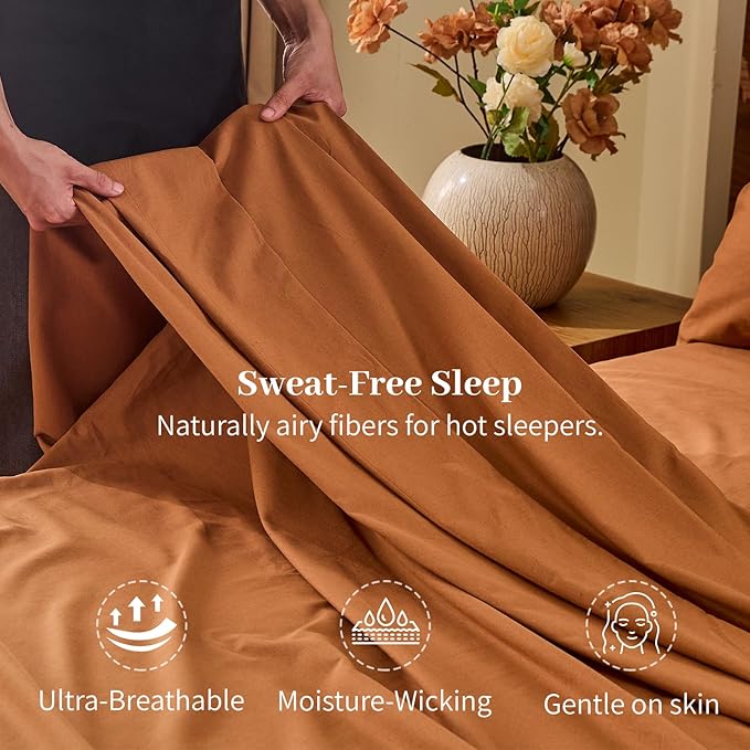 MEISHANG 100% French Pure Linen Sheets Queen Size - Bed Sheets 4 Piece Sets, Soft Durable Flax Linen, Anti-Tear Breathable Oeko-Tex Certified with 16" Deep Pocket (Brown)