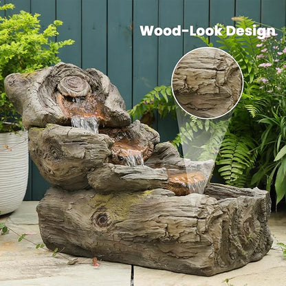 23.62" L Outdoor Water Fountain with 3 Tiers Cascading Realistic Tree Trunk Waterfall Fountains with LED Lights Outdoor Water Fountain for Garden Patio Backyard Porch Home Decor