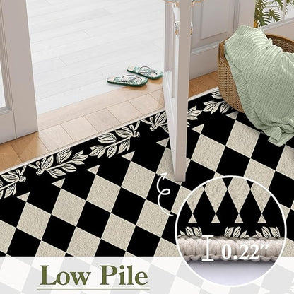 Modern Black White Checkered Pattern Runner Rug, 3.3x7ft, Abstract Neutral Farmhouse Decor Rugs for Living Room, Non-Shedding Low Pile Soft Foldable Carpet for Family Kitchen