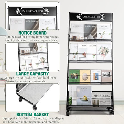 Floor Magazine Rack Brochure Display Stand 4-Layer With Wheels And Top Billboard, Newspaper Magazine Holder High-Hardness For Office Exhibitions, Black (57.5''*25''*13.2'')