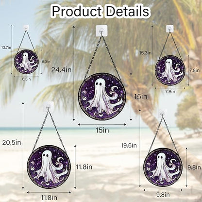 DASTOLL Stained Glass Window Hanging - Halloween Decorations White Ghost Purple Stars Suncatcher for Doors Garden Spooky Funny Sun Catchers Gothic Decor Horror Gifts for Women Men Friend 6.3 in