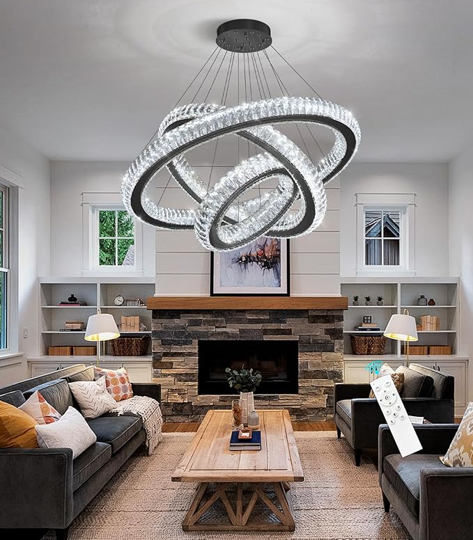 3 Rings Chandelier Modern Dimmable High Ceiling Large Ring Chanderliers Entryway Crystal Pendant Lights for Entryway Foyer Living Room Black Light