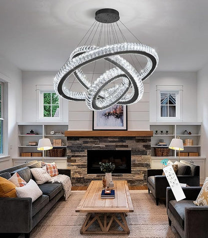 3 Rings Chandelier Modern Dimmable High Ceiling Large Ring Chanderliers Entryway Crystal Pendant Lights for Entryway Foyer Living Room Black Light