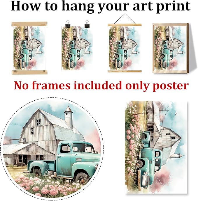 Blue Truck Poster Rustic Landscape Painting Farmhouse Tractor Wall Art Country House Painting Farmhouse Barn Picture Old Tractor Canvas Wall Art Old Barn Poster Blue Farmhouses Picture 16x24in No Frame