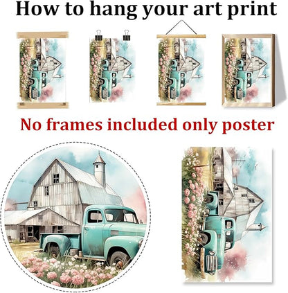 Blue Truck Poster Rustic Landscape Painting Farmhouse Tractor Wall Art Country House Painting Farmhouse Barn Picture Old Tractor Canvas Wall Art Old Barn Poster Blue Farmhouses Picture 16x24in No Frame