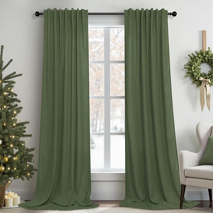 Christmas Olive Green Curtains 108 Inches Long for Living Room 2 Panels Set Back Tab Pocket Avocado Green Boho Drape Neutral Aesthetic Cottagecore Decor Linen Sheer Light Curtain for Kids Bedroom 9 FT