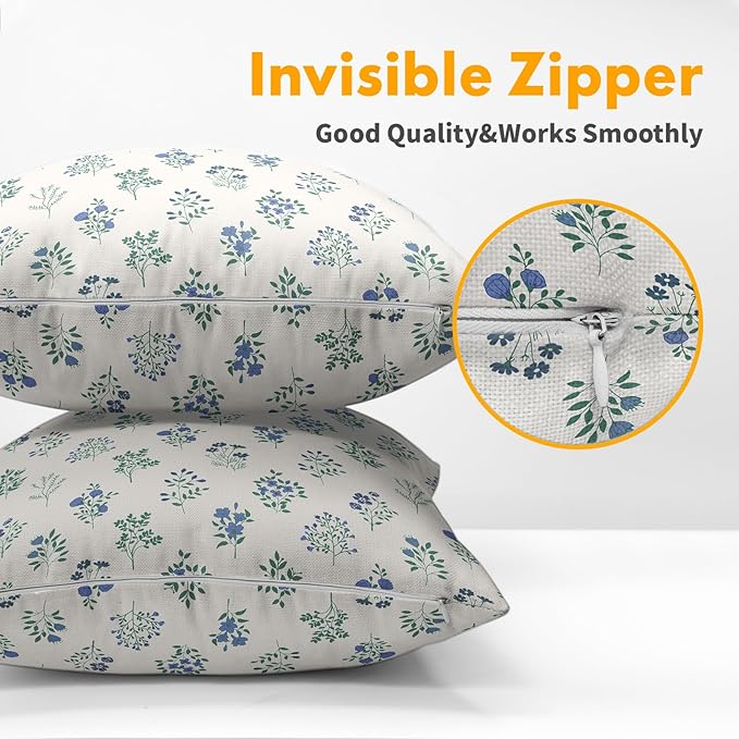 Blue Green Block Print Pillow Covers 22x22 Set of 2 Decorations Vintage Floral Throw Pillow Covers Decor Rustic Pillowcases Flower Pattern Farmhouse Cozy Soft for Sofa Bed Chair Home Decorative