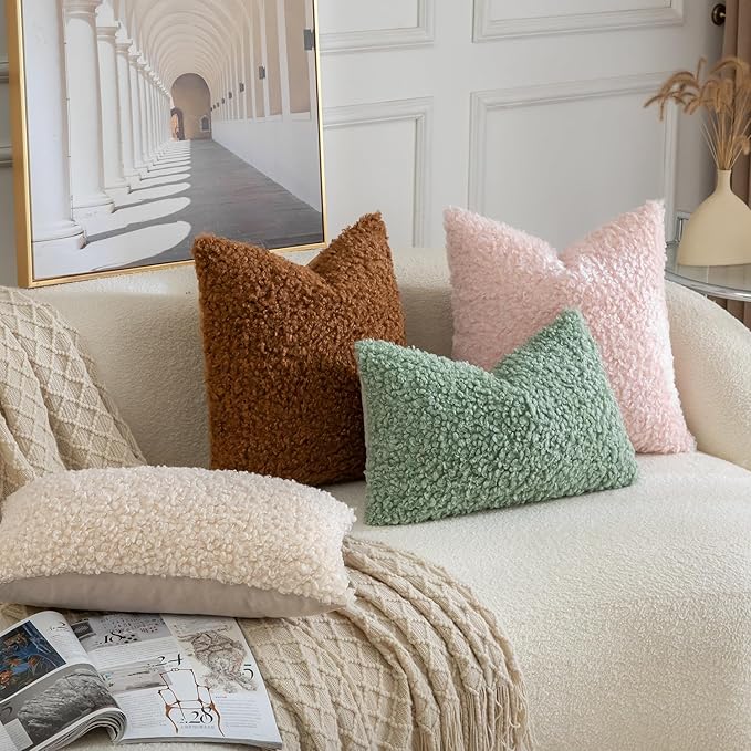 Yaertun Pack of 2 Faux Fur Throw Pillow Covers Decorative Sherpa Boucle Pillow Covers Fuzzy Soft Pillowcases Sheepskin Fleece Cushion Case for Couch Sofa Bed Living Room 20x20 Inch Sage Green