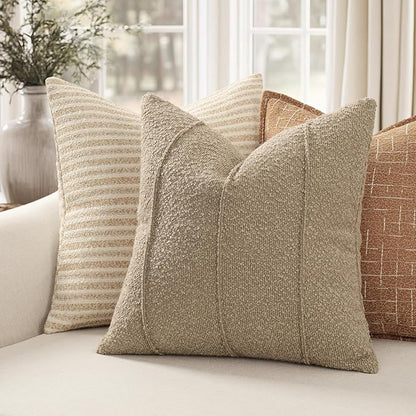 YCOLL Textured Boucle Throw Pillow Covers 20x20 Pack of 2 - Soft Neutral Striped Cushion Covers, Cozy Accent Decorative Pillow Covers for Couch, Sofa, Bed, Living Room (Taupe)