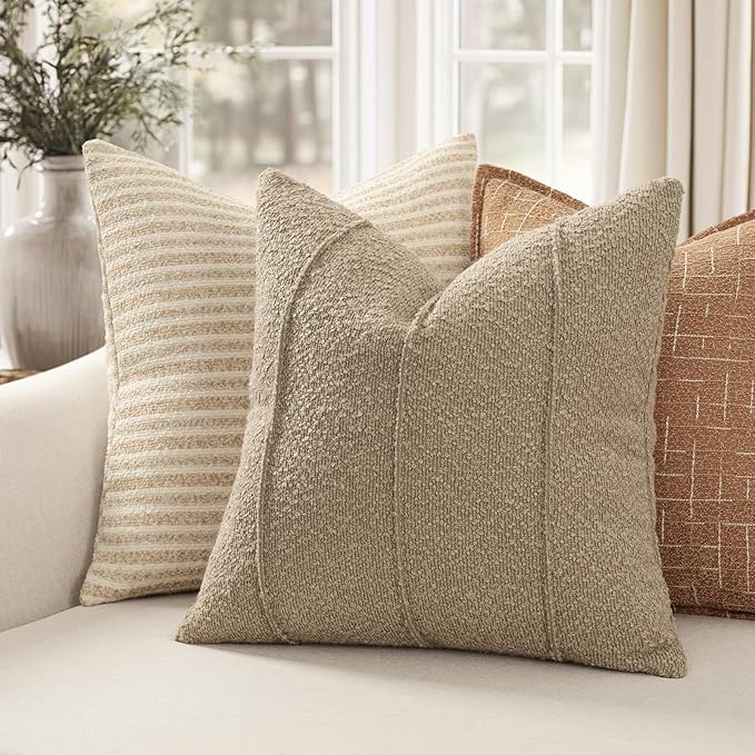 YCOLL Textured Boucle Throw Pillow Covers 18x18 Pack of 2 - Soft Neutral Striped Cushion Covers, Cozy Accent Decorative Pillow Covers for Couch, Sofa, Bed, Living Room (Taupe)