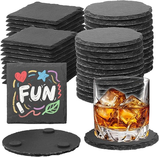 48pcs Slate Coasters, Black 4 Inch Bulk Blank Rock Coasters Blank Laser Engraving, Hand Painted DIY, Scratch Resistant Bottom (24*Square+24*Round)