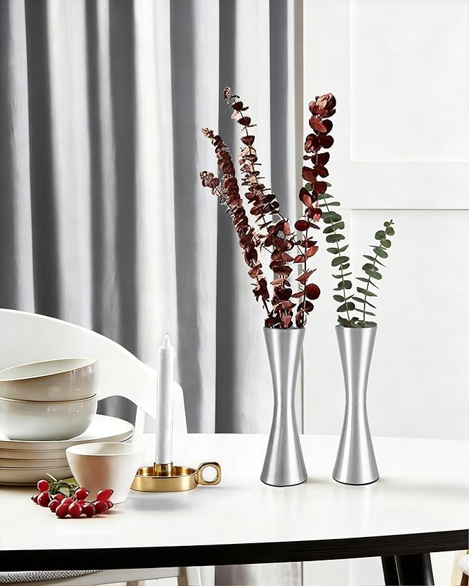 Vixdonos 6.7 inch Brass-Toned Metal Vase Small Flower Vase Set of 2 Modern Decorative Vase for Home Decor, Wedding or Gift(Silver)