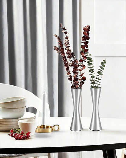 Vixdonos 6.7 inch Brass-Toned Metal Vase Small Flower Vase Set of 2 Modern Decorative Vase for Home Decor, Wedding or Gift(Silver)