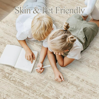 6x9 Area Rugs for Living Room, Stain Resistant Neutral Washable Rugs for Dining Room, Floral Vintage Non-Slip Thin Area Rug Farmhouse Rug Beige Ivory