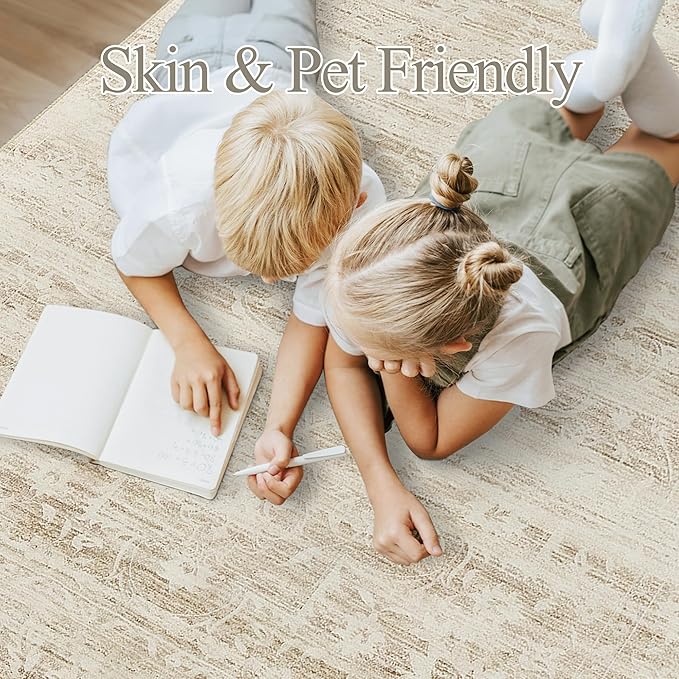 8x10 Area Rugs for Living Room, Stain Resistant Neutral Washable Rugs for Dining Room, Floral Vintage Non-Slip Thin Large Size Area Rug Beige Ivory