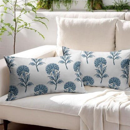 Blue Floral Lumbar Pillow Covers 12x20 Set of 2 Blue and White Block Print Pattern Rustic Spring Flower Decorative Outdoor Farmhouse Pillowcases Decorations Throw Cushion Cover Decor Couch Sofa Bed