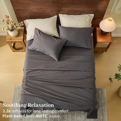 MEISHANG 100% French Pure Linen Sheets King Size - Extra Deep Pocket Sheet Set, Soft Durable Flax Linen, Anti-Tear Breathable & Oeko-Tex Certified 18-24 Deep Pocket,All Season(Dark Grey)