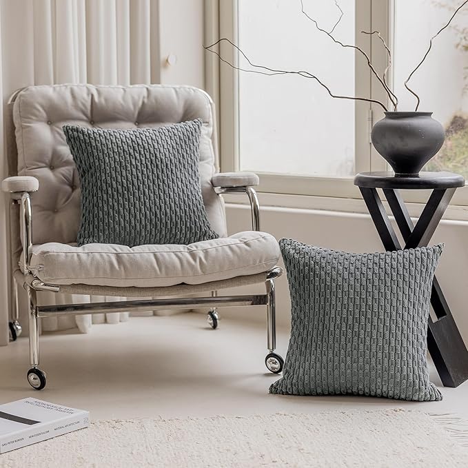 Kevin Textile Pack of 2 Corduroy Decorative Throw Pillow Covers 22x22 Inch Soft Boho Striped Pillow Covers Modern Farmhouse Home Decor for Spring Sofa Living Room Couch Bed Dark Grey