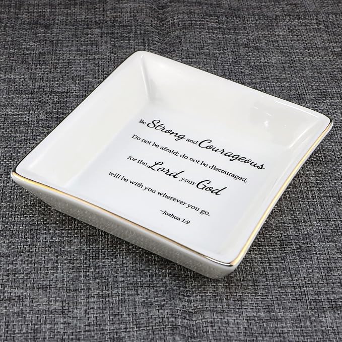JoycuFF Christian Gifts for Women Inspirational Religious Jewelry Trinket Dish Birthday Gifts for Sister Daughter Mother Aunt Christians Be Strong and Courageous Ring Holder