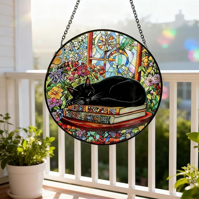 Cat Stained Glass Suncatcher Window, Hanging Sun Catchers Indoor Window, Suncatcher for Nana/Mom/Women (Black Cat)