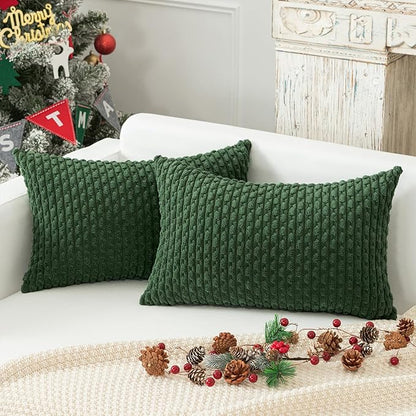 Kevin Textile 14x24 Inch Pillow Cover 1 Pack Boho Christmas Decorative Soft Striped Corduroy Lumbar Farmhouse Color Accent Rectangle Cushion Case for Living Room Couch Sofa Bed, Dark Green