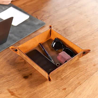 Handmade Leather Catch All Tray and Organizer for Keys, Phones, Jewels, Coins, Square - Medium, Light Camel