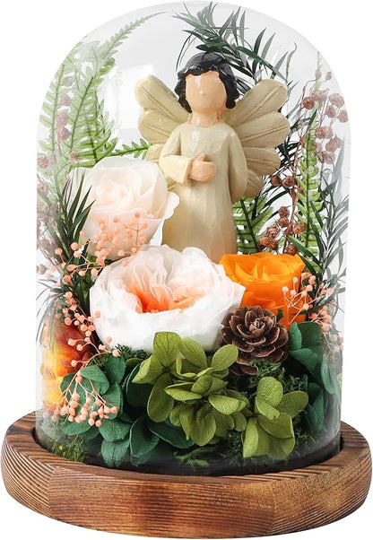 Preserved Flowers in Glass Dome, Forever Flower, Eternal Flowers, Birthday Gifts for Women, Gifts for Mom Girlfriend Her Friendship, Home Decor Living Room Bedroom (Creamsicle)