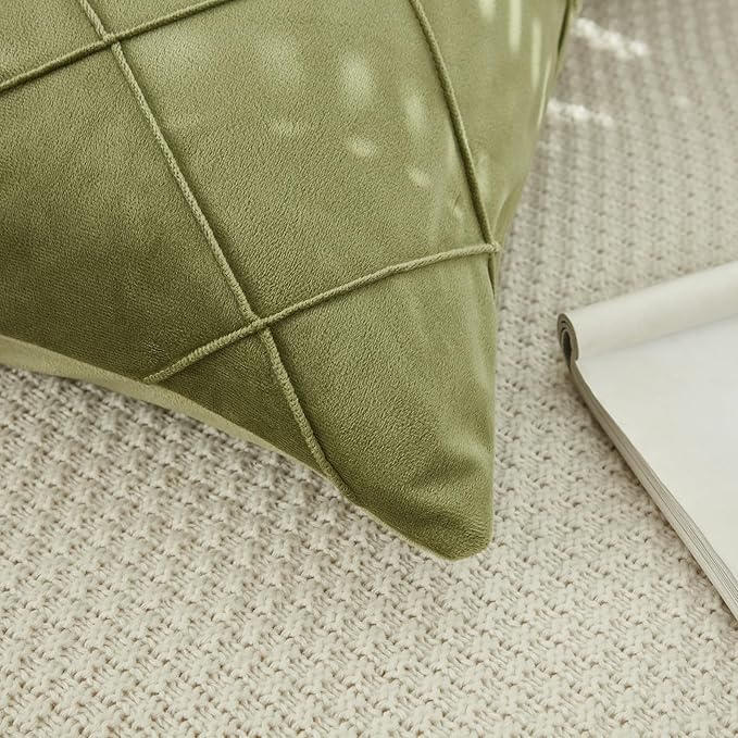 JAUXIO Diamond Pinch Pleated Crystal Velvet Pillowcases 2 Pack Solid Pintuck Throw Cushion Cover for Home Decor Hidden Zipper Closure (Sage, Standard)