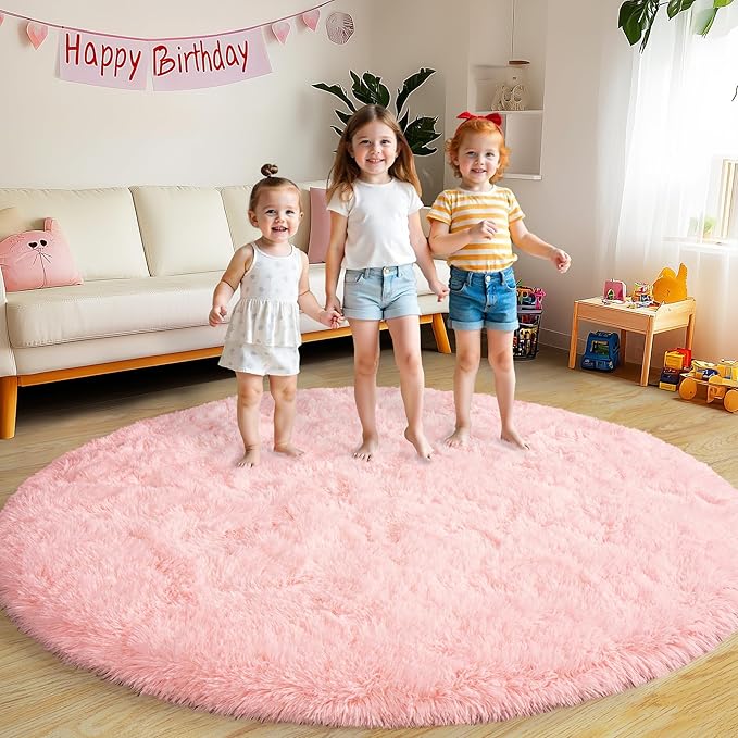Round Fluffy Rugs 8Ft for Girls Bedroom, Pink Shag Circle Kids Rug Non-Slip for Bedside Dorm Nursery Playroom, Soft Cute Area Rugs for Living Room Decor