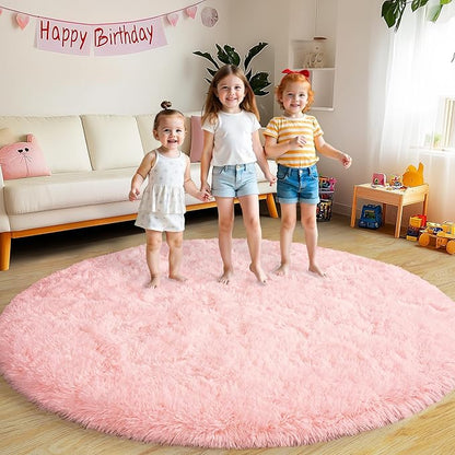 Round Fluffy Rugs 4Ft for Girls Bedroom, Pink Shag Circle Kids Rug Non-Slip for Bedside Dorm Nursery Playroom, Soft Cute Area Rugs for Living Room Decor