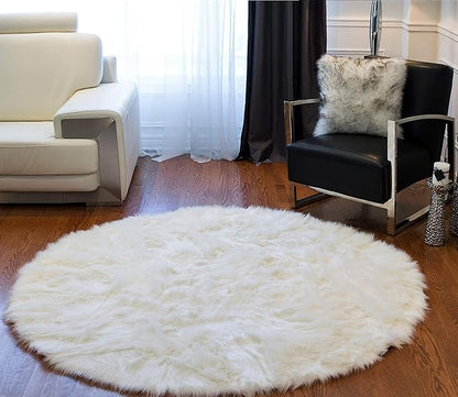 Luxe Gordon Faux Fur Rug with Soft and Fluffy Pile | Machine Washable Living Room Rug with Anti-Slip Backing | Cruelty-Free Area Rugs for Office or Bedroom, White, 6 ft Dia.