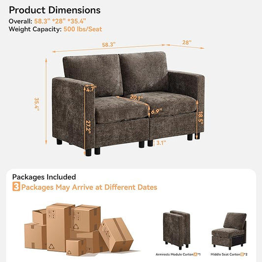 58'' Modular Sectional Loveseat Sofa, Modern Love Seat 2 Seater Sofa Couch with Storage, Chenille Modular Sectional Couch for Living Room, Bedroom, Office, Small Apartment, Brown